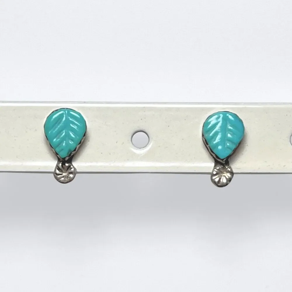 Turquoise Blue Stone Carved Leaf Earrings Sterling Silver Studs Posts Native 925